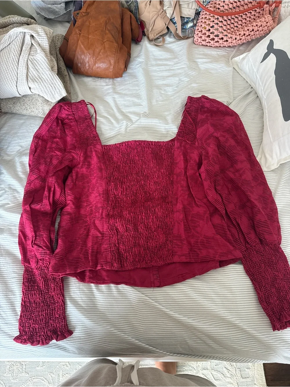 Anthropologie Square-Neck Puff Sleeve Blouse in Burgundy